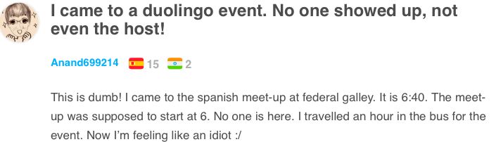 Duolingo forum post from a learner about the in-person events