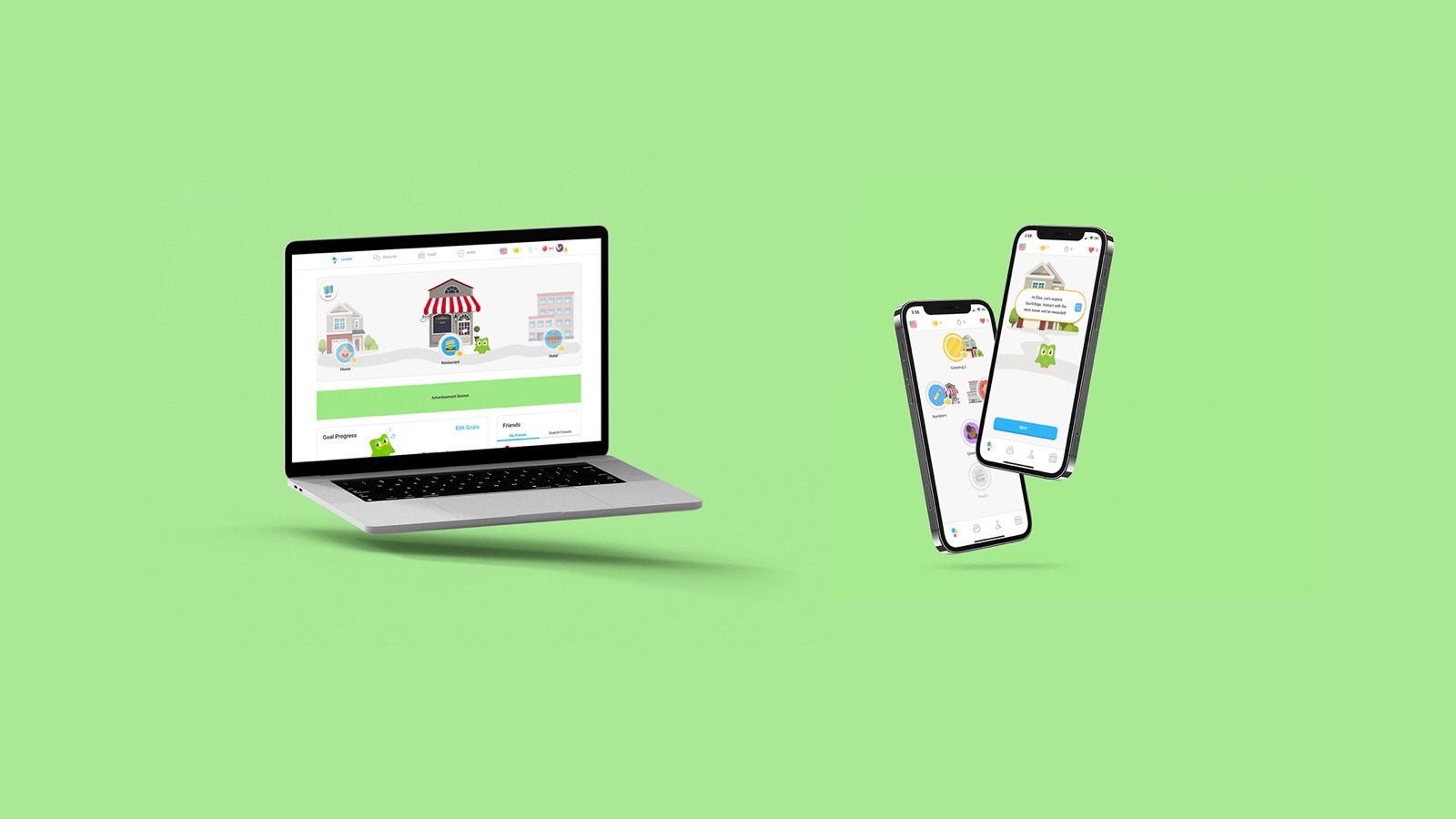 DuoVillage on a laptop and two phones: an illustrated village street with a house and a restaurant