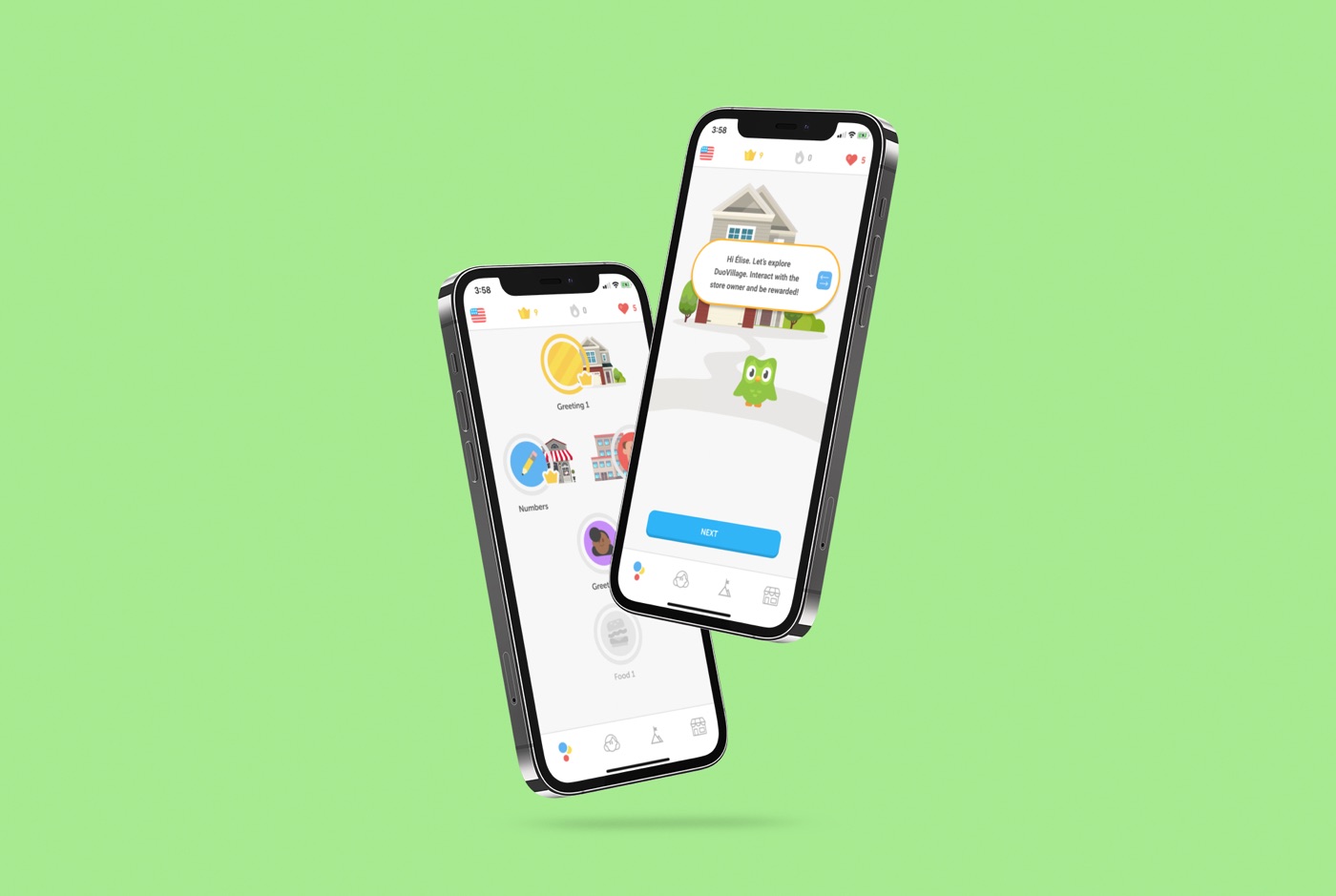 Two phones showing DuoVillage screens