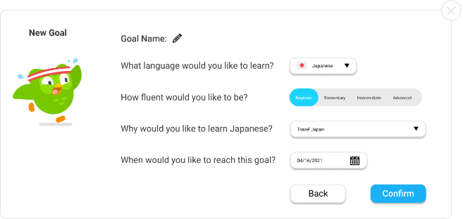 New goal form with language, skill level and reason