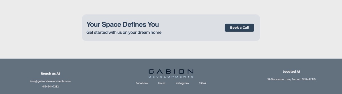 The Your Space Defines You banner with a Book a Call button, above the footer with email, phone, social links and address
