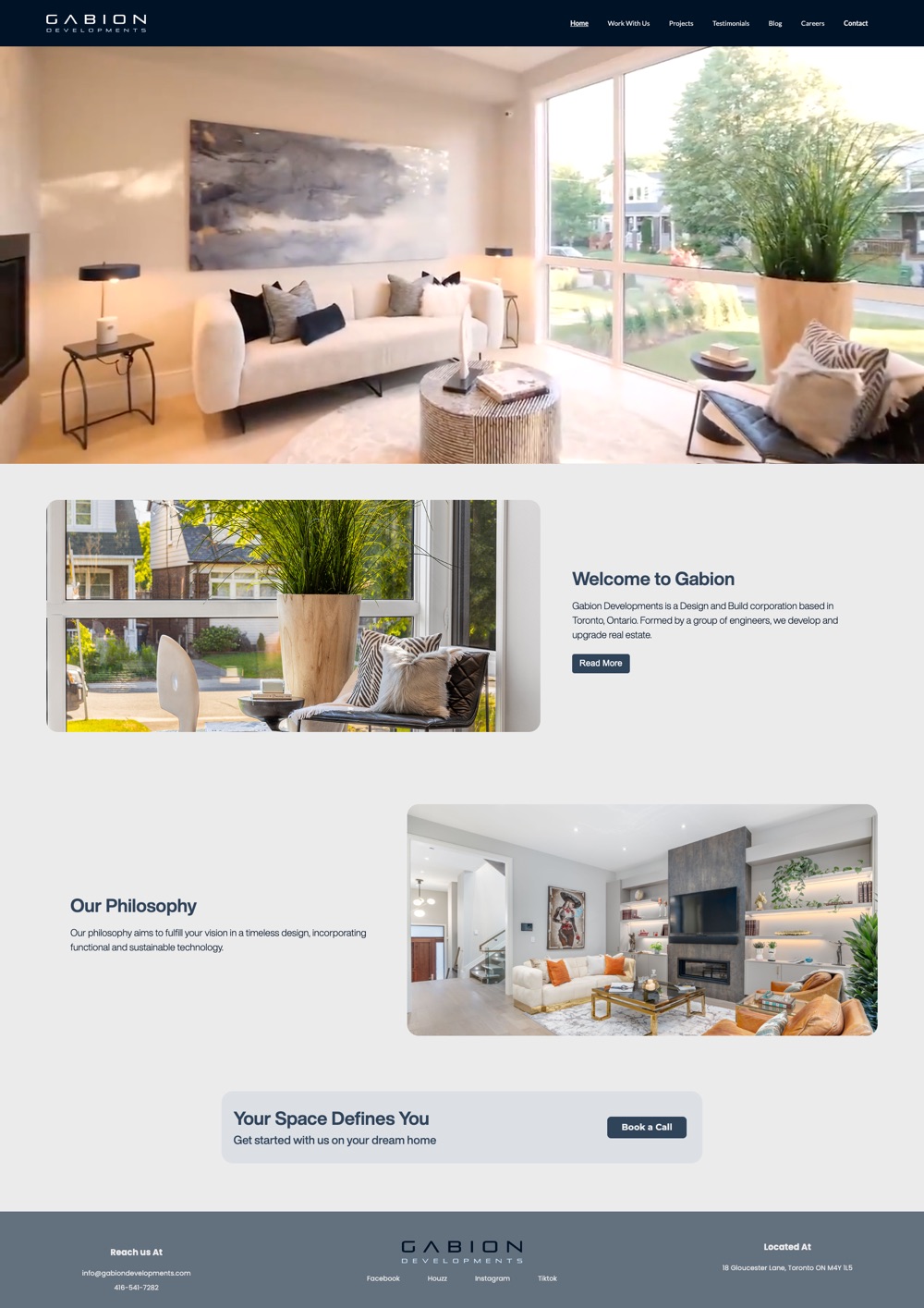 The full Gabion homepage: video hero, Welcome to Gabion, Our Philosophy, then the Book a Call banner and footer