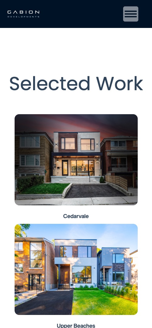Projects on a phone: Selected Work cards in a single column