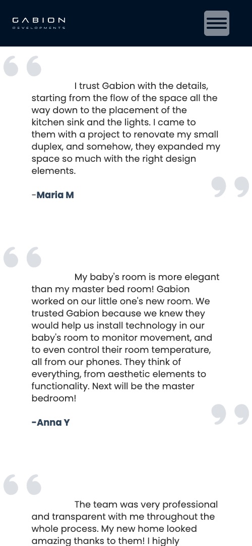 Testimonials on a phone: quotes listed one after another, each signed by the homeowner