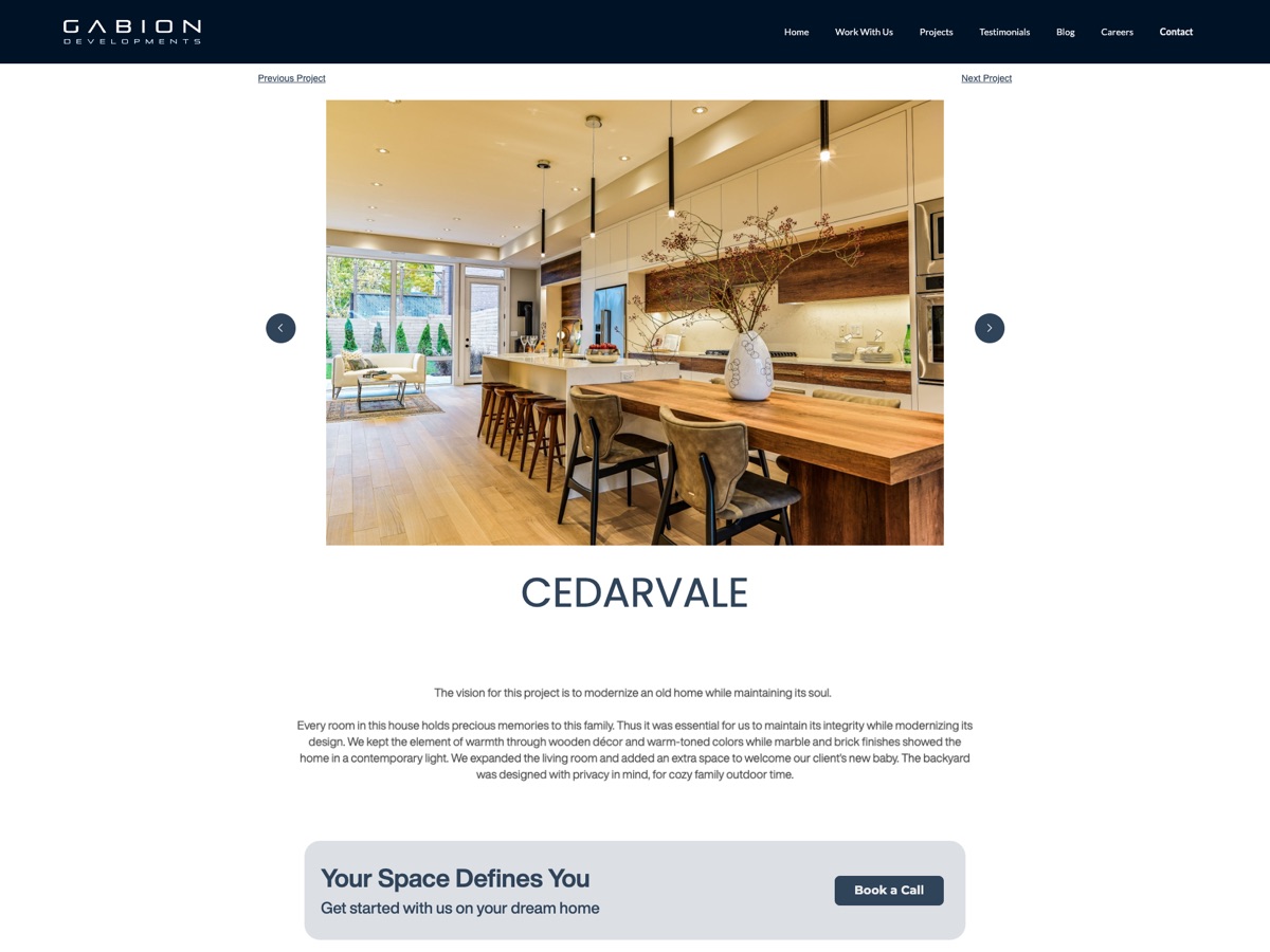 Cedarvale project page: a large kitchen photo in a carousel with previous and next arrows, the project name and a short description