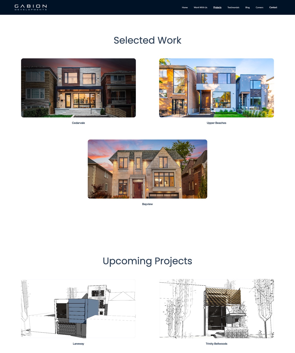 Projects page: three photographed homes under Selected Work, then line drawings of upcoming houses under Upcoming Projects