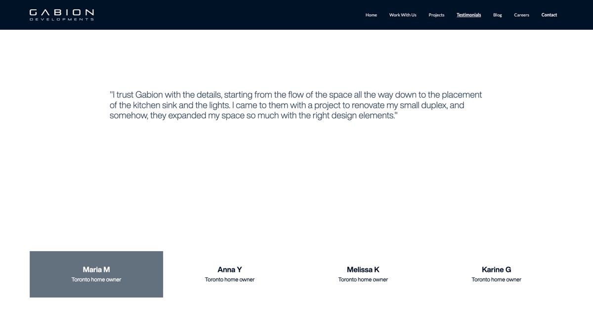 Testimonials page: one homeowner quote above a row of four names, the selected name highlighted