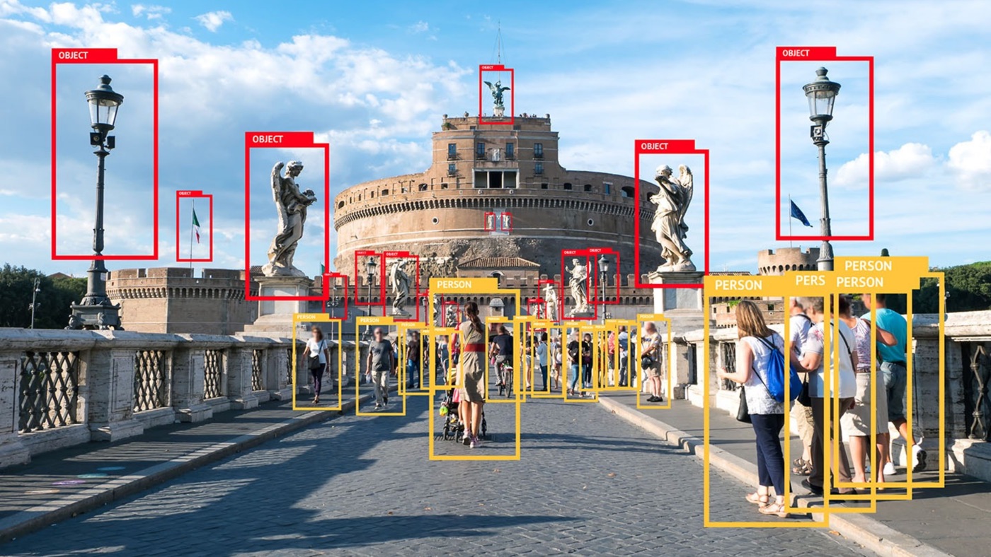 A street scene with boxes labelling each person and object the camera has recognised
