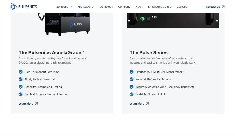 Two product cards side by side: The Pulsenics AccelaGrade and The Pulse Series, each with four checked capabilities and a Learn More link
