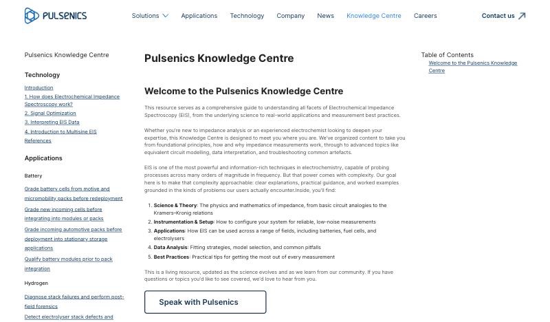 Knowledge Centre welcome page with topic navigation on the left, the introduction in the middle and a table of contents on the right