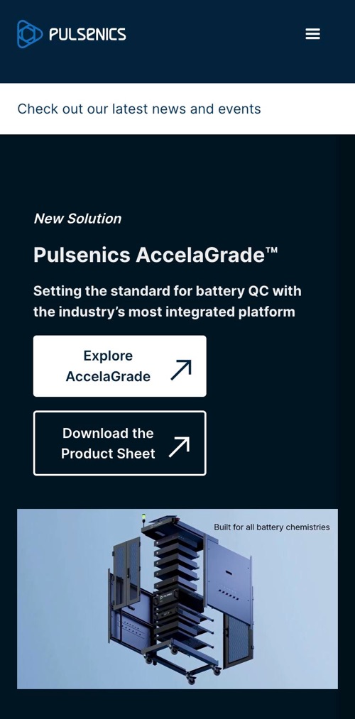The Pulsenics homepage on a phone, with the menu collapsed and the buttons stacked