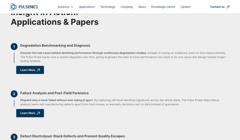 Pulse Series page section 'Insight in Action: Applications & Papers' with three numbered applications, each with a Learn More button