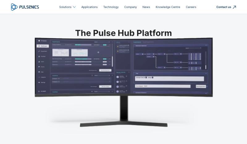 The Pulse Hub Platform section: a curved monitor showing the experiments dashboard with the hardware selection tree