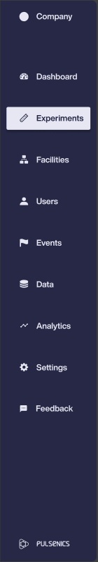 Side navigation with Experiments selected: Company, Dashboard, Experiments, Facilities, Users, Events, Data, Analytics, Settings, Feedback
