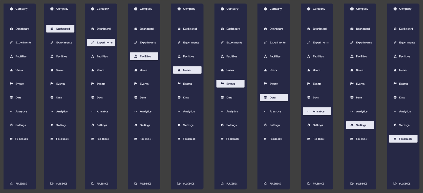 Ten copies of the side navigation, each with a different section selected