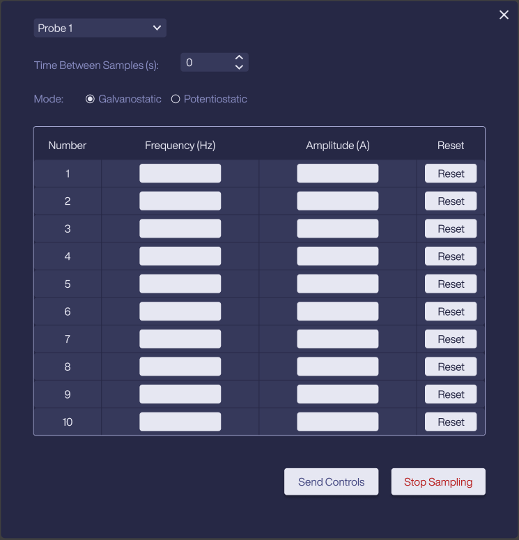 Probe controls: probe dropdown, time between samples, galvanostatic or potentiostatic mode, a table of ten frequency and amplitude rows with reset buttons, and Send Controls and Stop Sampling buttons